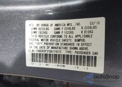 2016 Honda Accord Lx z USA, uszkodzony, nr VIN 1HGCR2F37GA174072
